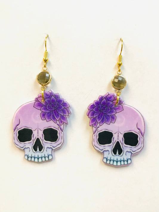 Purple Floral Skull Acrylic Earrings Horror
