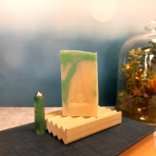 handcrafted vegan soap bar organic oils
on wood soap dish
with moon background spooky dark apothecary style
in bathroom on tile