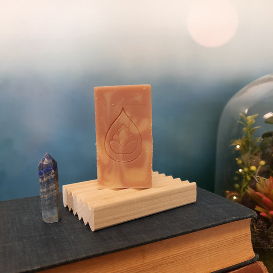 handcrafted vegan soap bar organic oils
on wood soap dish
with moon background spooky dark apothecary style
in bathroom on tile