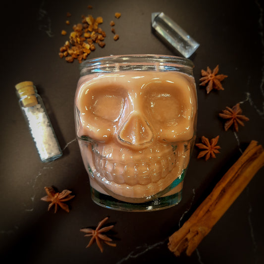 flatlay of masala chai candle with ingredients cinnamon stick sugar star anise