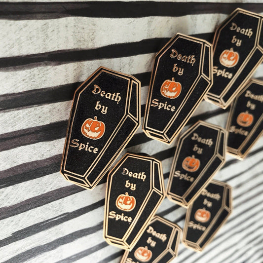 Death by Pumpkin Spice Enamel Coffin Pin