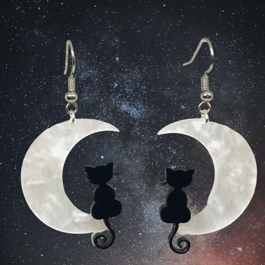 Black Cats Crescent Moon Earrings