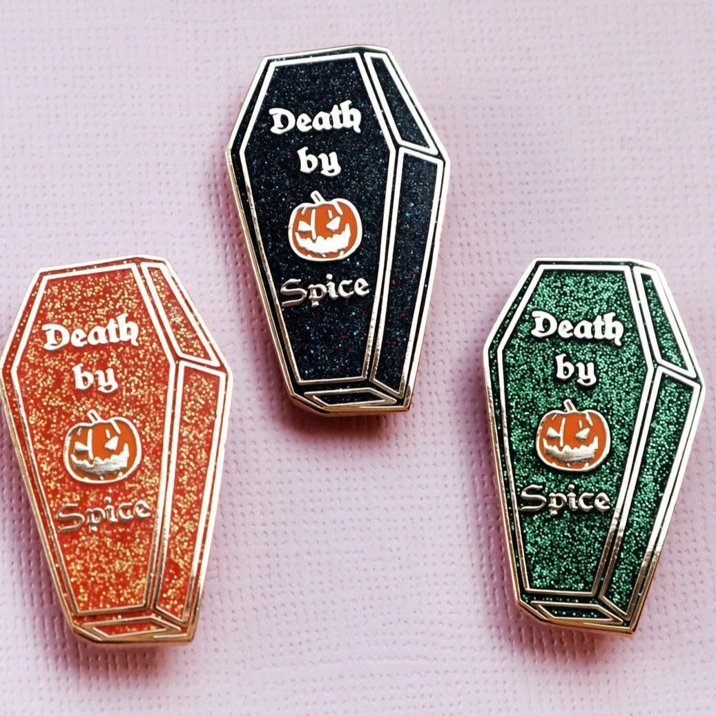 Death by Pumpkin Spice Enamel Coffin Pin
