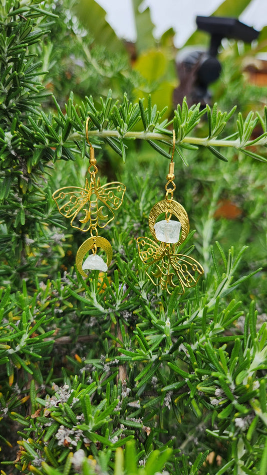 Crescent Moon Moth Quartz Crystal Earrings