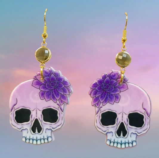 Purple Floral Skull Acrylic Earrings Horror