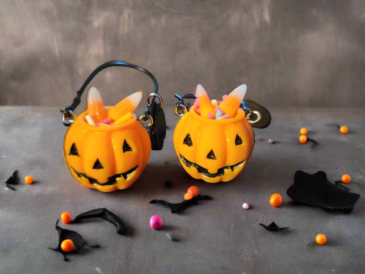 Pumpkin Candy Bucket, Cauldron, Jack-O-Lantern 3D Earrings