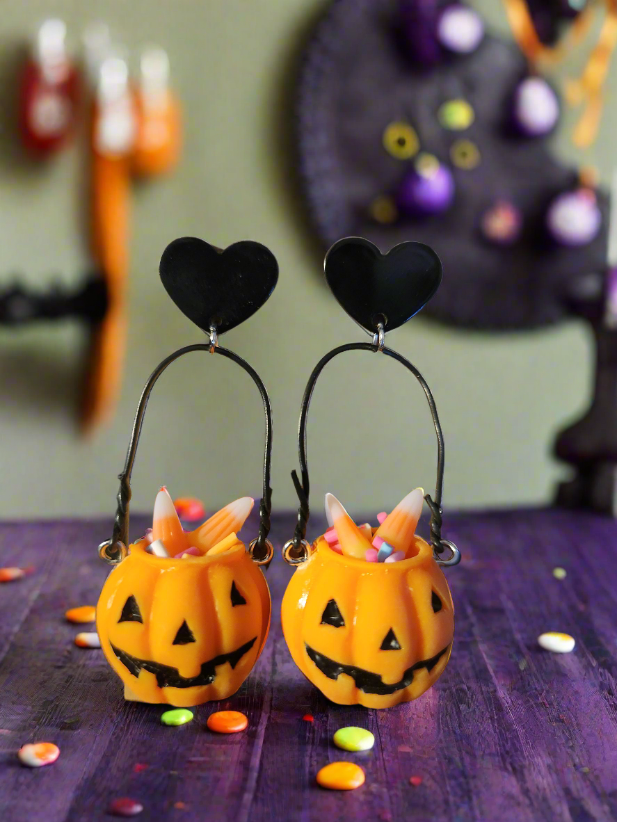 Pumpkin Candy Bucket, Cauldron, Jack-O-Lantern 3D Earrings