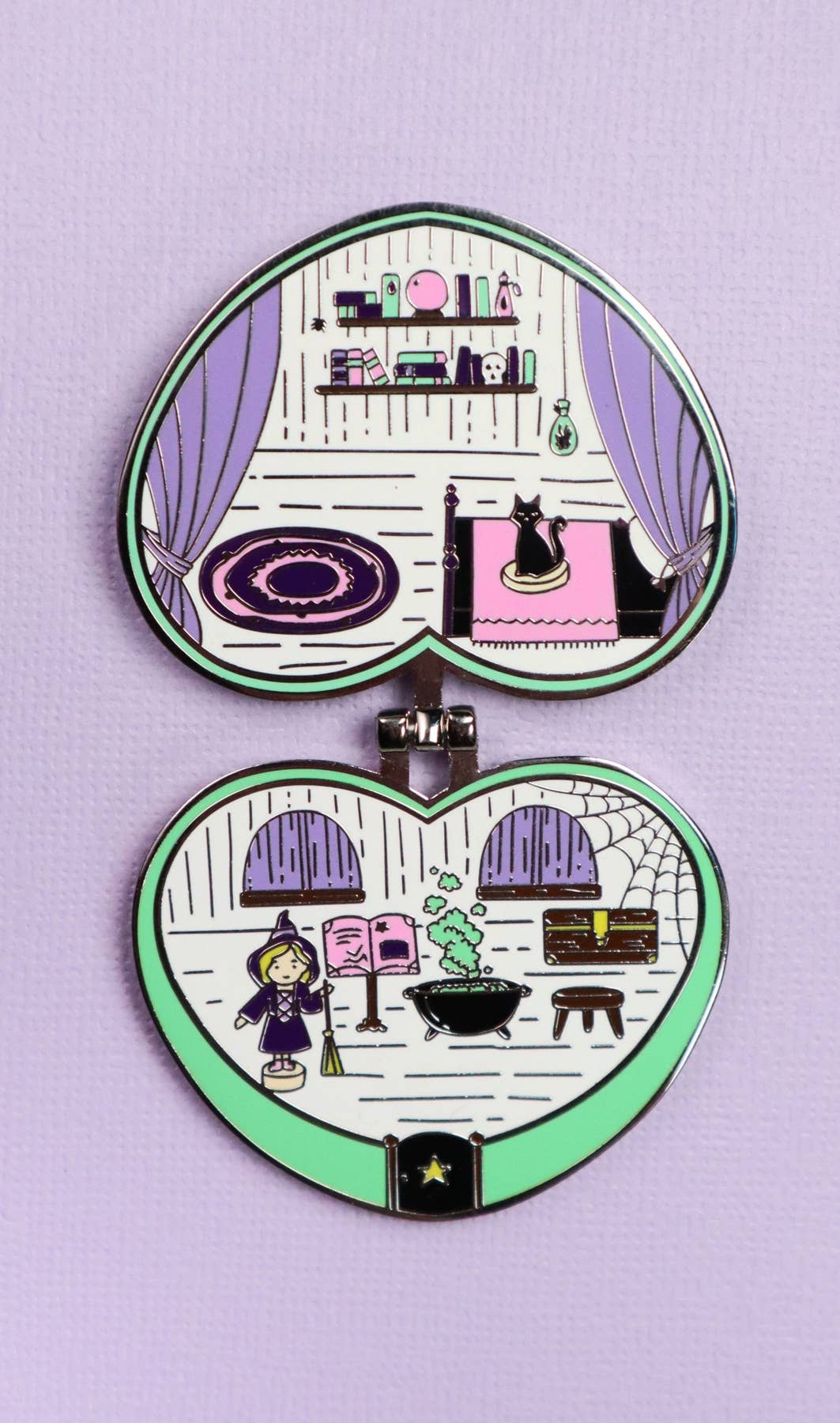 colorful enamel pin flatlay spooky witchy funny
