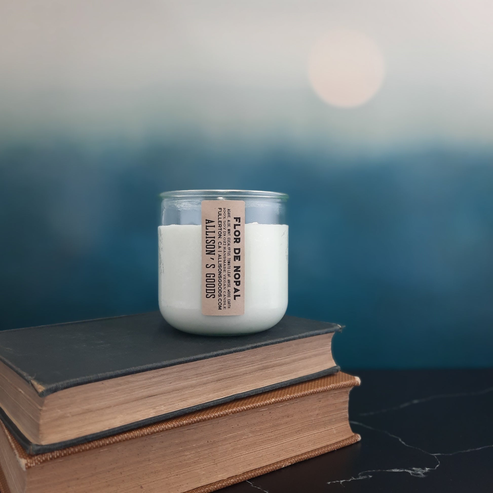 vegan sustainable candle on antique books and blue moon set