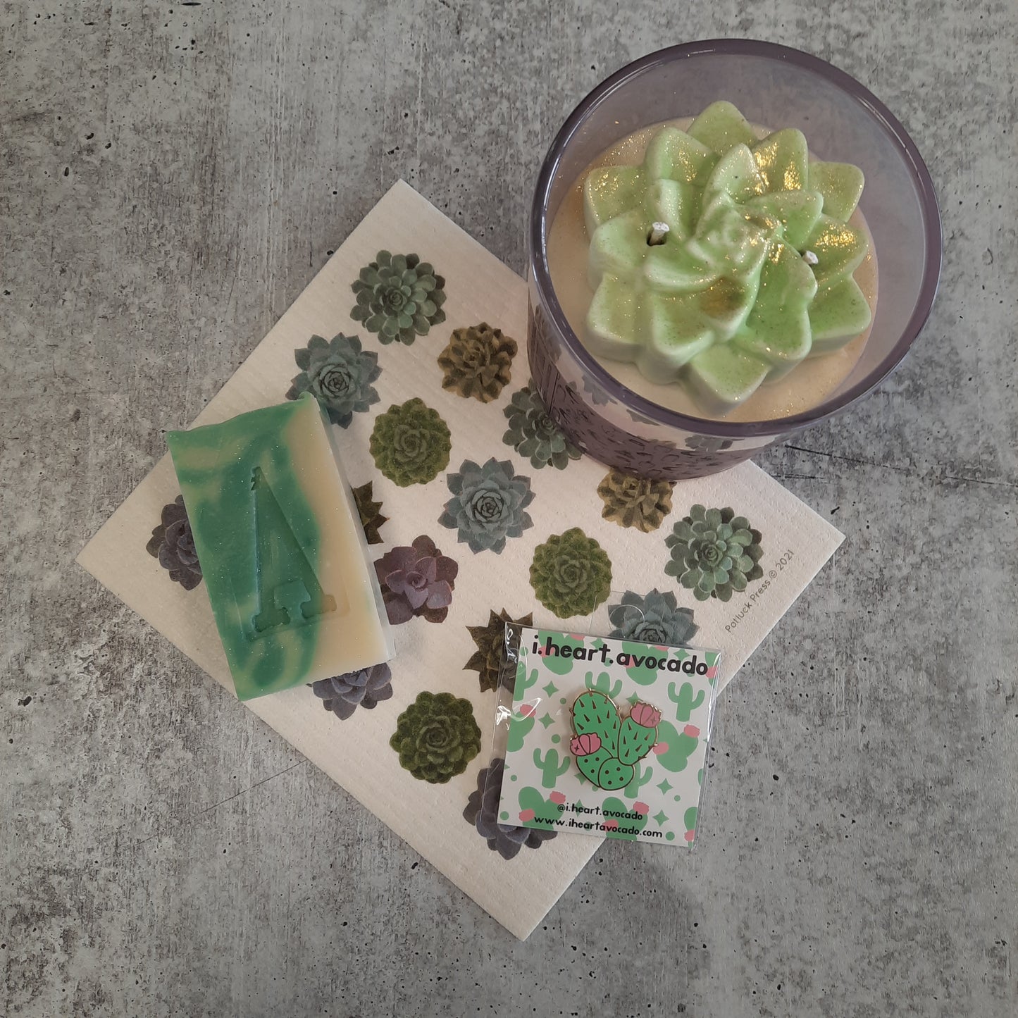 overhead shot of succulent candle on concrete with other cacti themed items for sale