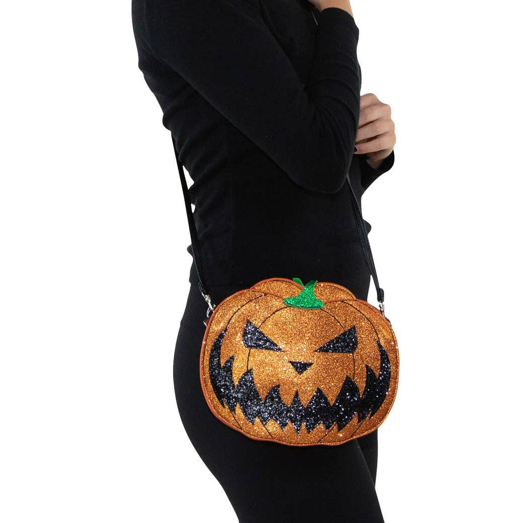 Jack O Lantern Pumpkin Sparkle Vegan Leather Cross Body Bag