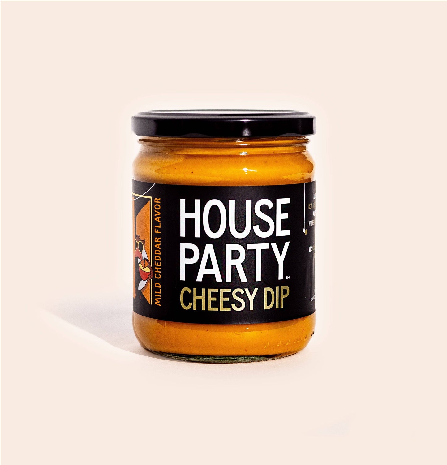 jar of house party cheesy dip orange sauce with black label on white background