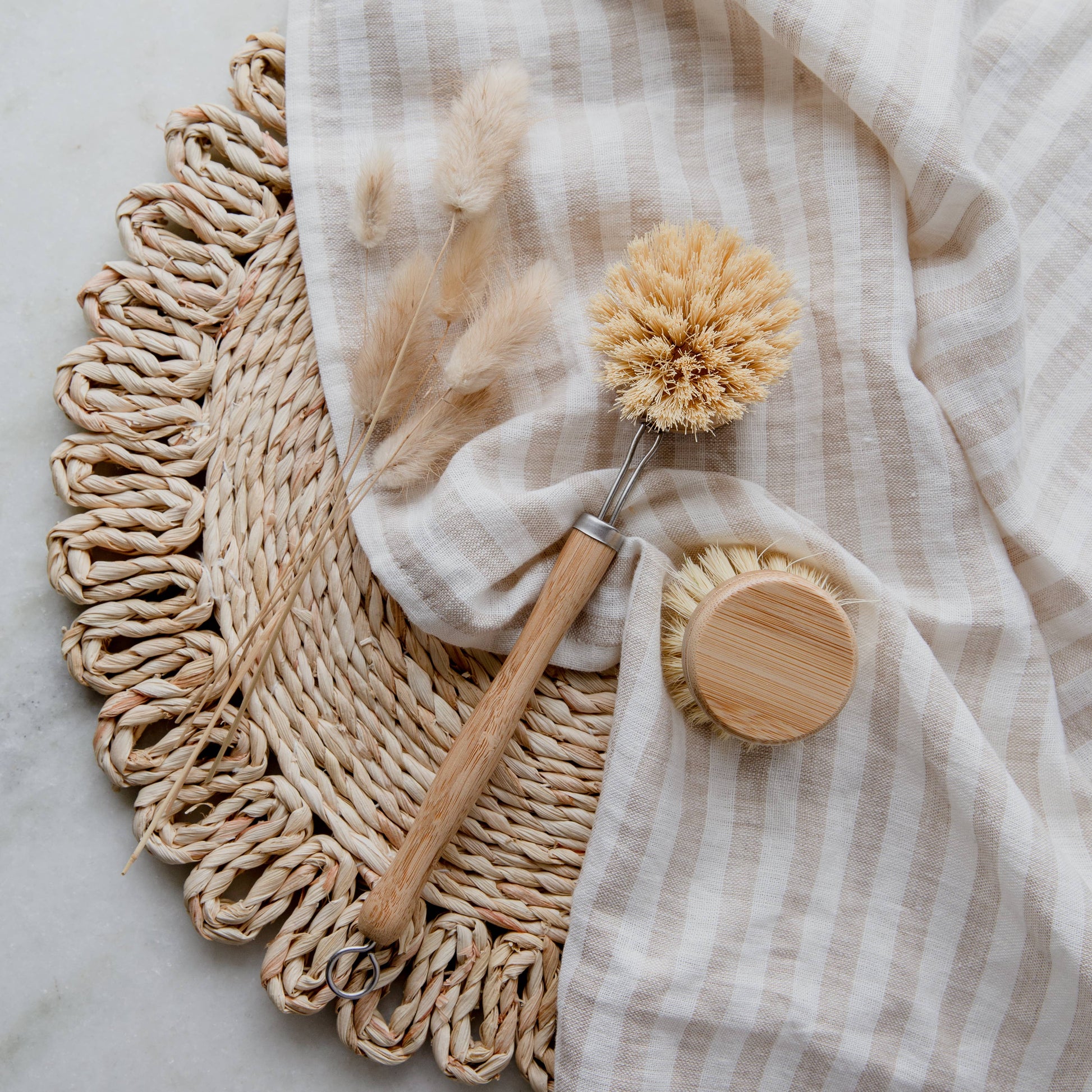 flatlay of brush heads with towels