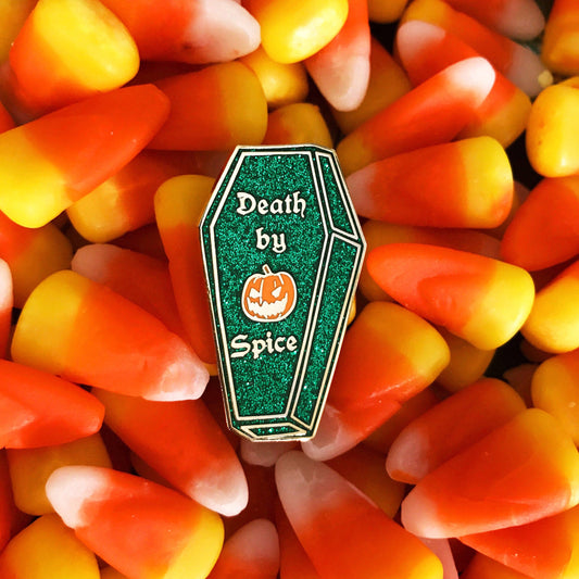 Death by Pumpkin Spice Enamel Coffin Pin