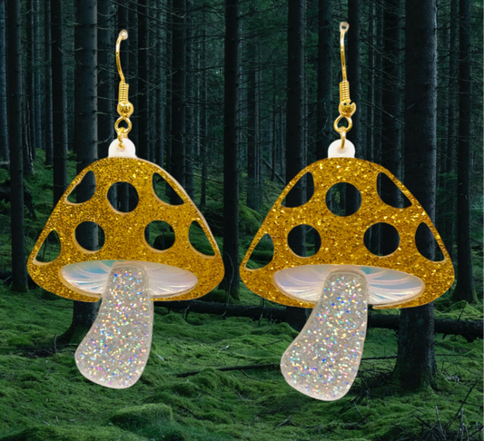 Golden Magic Mushroom Goblincore Cottagecore Earrings