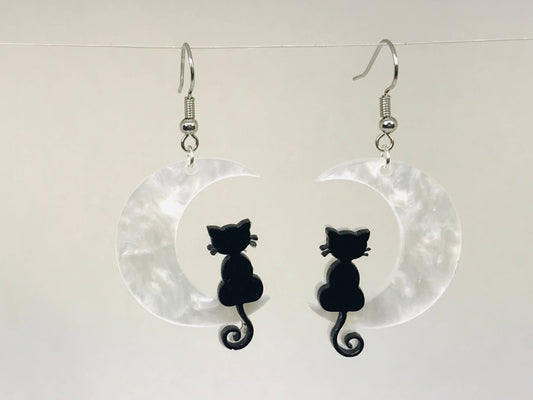 Black Cats Crescent Moon Earrings